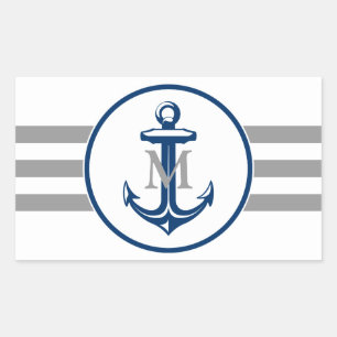 Monogram Navy Blue Anchor Rectangular Sticker