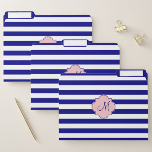Monogram Navy Blue and Baby Pink Striped Pattern File Folder
