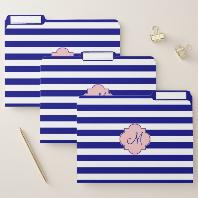 Monogram Navy Blue and Baby Pink Striped Pattern File Folder (Set)