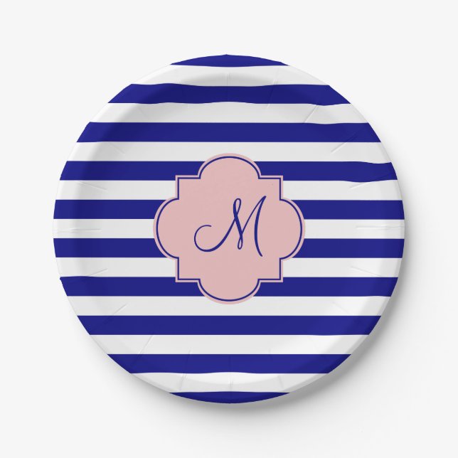 Monogram Navy Blue and Baby Pink Striped Pattern Paper Plates (Front)