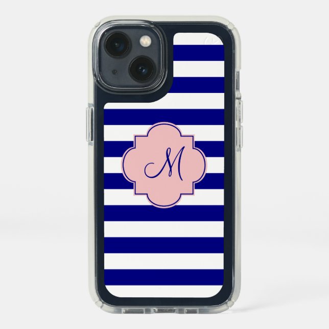 Monogram Navy Blue and Baby Pink Striped Pattern Speck iPhone 13 Case (Front)