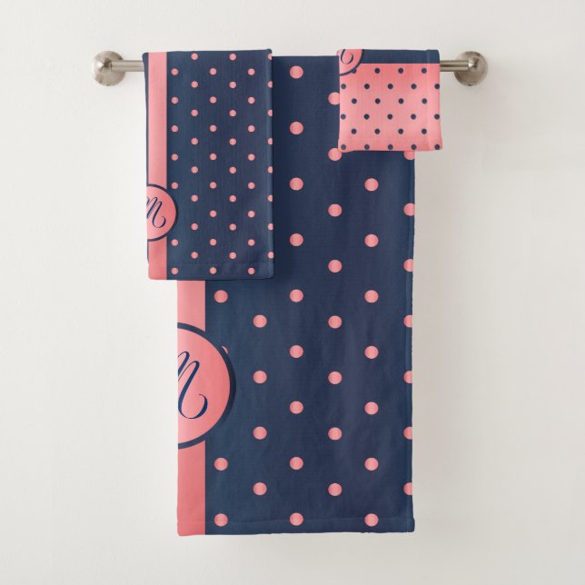Monogram Navy Blue and Coral Polka Dot Pattern Bath Towel Set (Insitu)