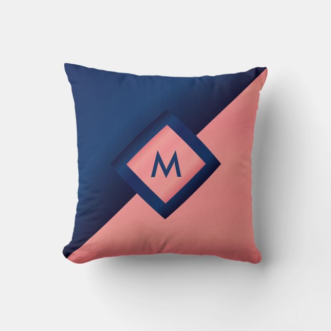 Monogram Navy Blue and Coral Throw Pillow (Front)