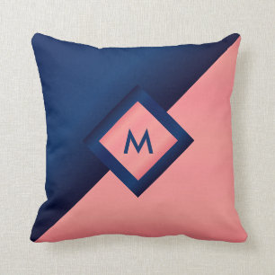 Monogram Navy Blue and Coral Throw Pillow