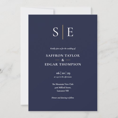 Monogram Navy Blue And Gold All In One Wedding Invitation