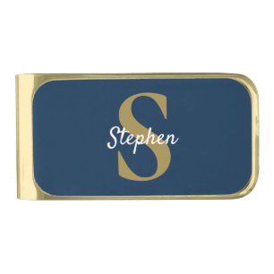 Monogram Navy Blue and Gold Custom Gold Finish Money Clip