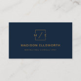 Minimal Luxury Navy Blue Silver Monogram Business Card