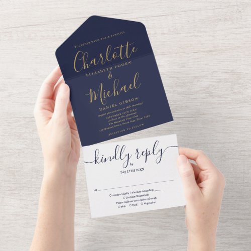 Monogram Navy Blue And Gold Modern Script Wedding All In One Invitation