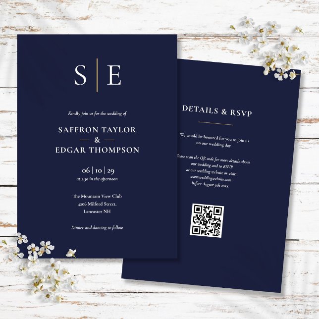 Monogram Navy Blue And Gold QR Code Wedding Invitation (Monogram Navy Blue And Gold QR Code Wedding Invitation)