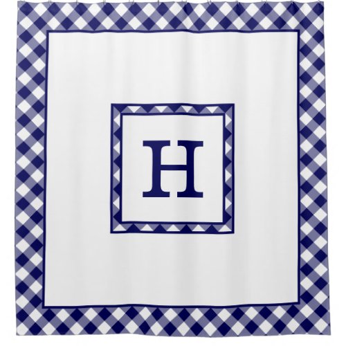 Monogram Navy Blue and White Buffalo Check Border Shower Curtain