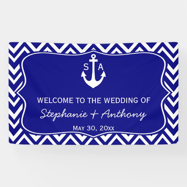 Monogram Navy Blue And White Nautical Wedding Banner