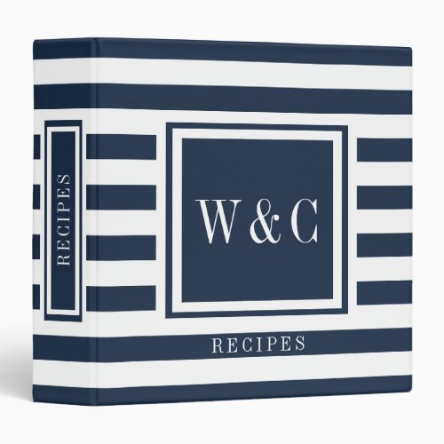 Monogram Navy Blue and White Stripe Recipes 3 Ring Binder