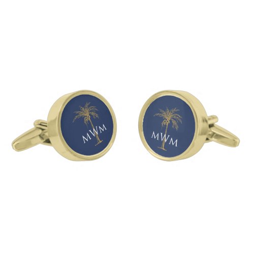 Monogram Navy Blue Artistic Gold Palm Tree Cufflinks