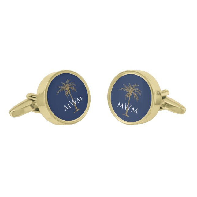 Monogram Navy Blue Artistic Gold Palm Tree Cufflinks (Angled)