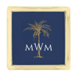 Monogram Navy Blue Artistic Gold Palm Tree Gold Finish Lapel Pin