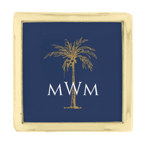 Monogram Navy Blue Artistic Gold Palm Tree Gold Finish Lapel Pin