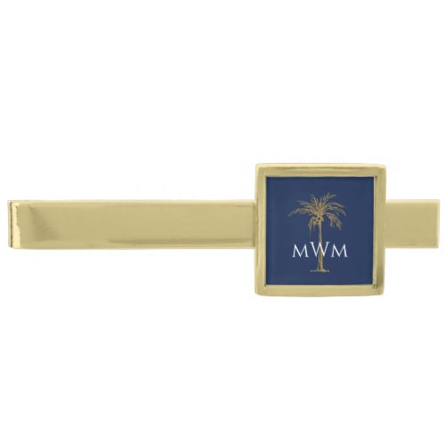 Monogram Navy Blue Artistic Gold Palm Tree Gold Finish Tie Bar