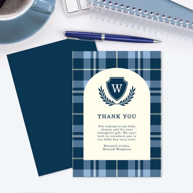Monogram Navy Blue Baby Shower Thank You Card (Creator Uploaded)
