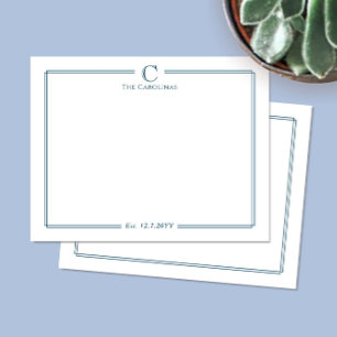 Monogram Navy Blue Border Anniversary Stationery Note Card
