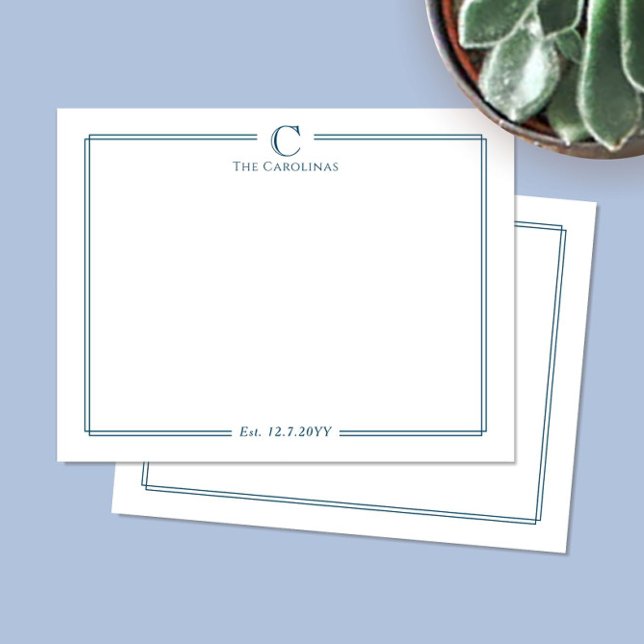 Monogram Navy Blue Border Anniversary Stationery Note Card (Creator Uploaded)