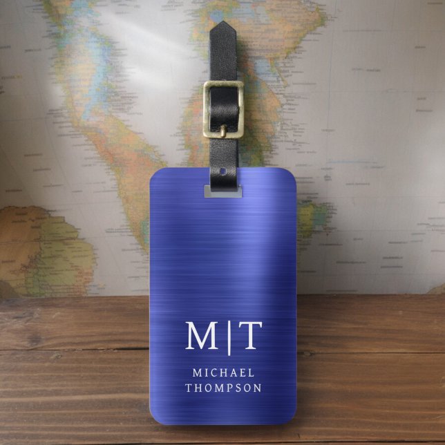 Monogram Navy Blue Brushed Metallic Elegant Luggage Tag (Creator Uploaded)