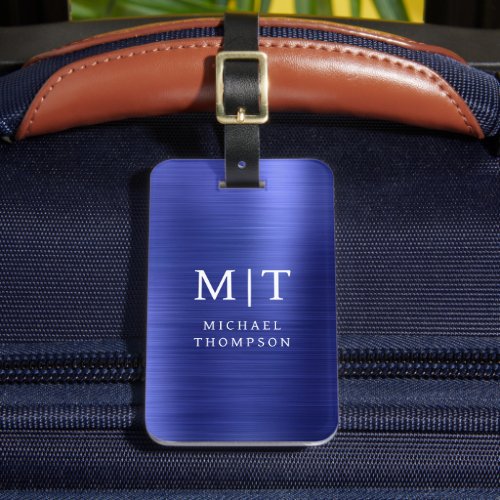 Monogram Navy Blue Brushed Metallic Elegant Luggage Tag