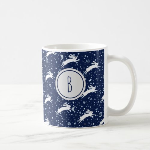 Monogram Navy Blue Celestial Bunny Rabbit Stars Coffee Mug