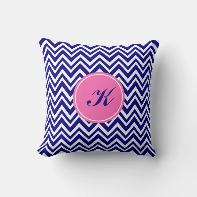 Monogram Navy Blue Chevron Pattern Throw Pillow (Front)