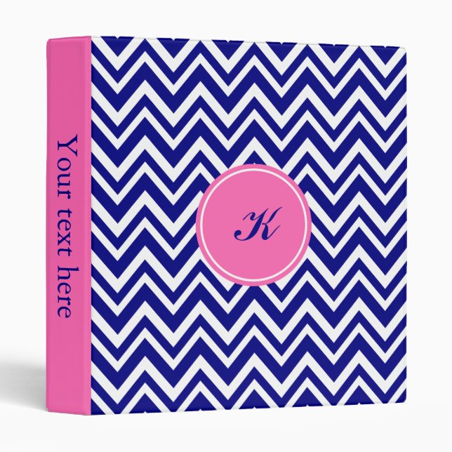 Monogram Navy Blue Chevron Pattern with Hot Pink 3 Ring Binder (Front/Spine)