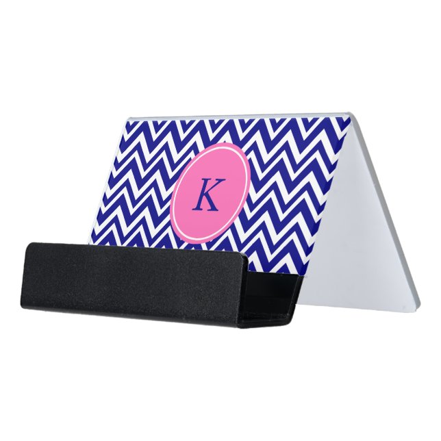 Monogram Navy Blue Chevron Pattern with Hot Pink Desk Business Card Holder (Angled Front)