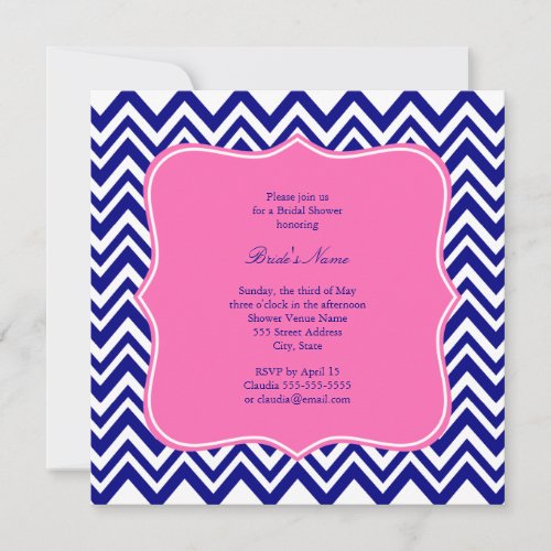Monogram Navy Blue Chevron Pattern with Hot Pink Invitations