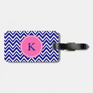 Monogram Navy Blue Chevron Pattern with Hot Pink Luggage Tag