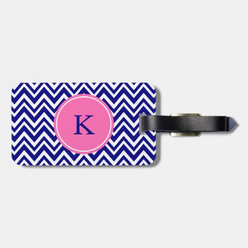 Monogram Navy Blue Chevron Pattern with Hot Pink Luggage Tag