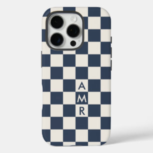 Monogram Navy Blue Cream Checkered Pattern iPhone 16 Pro Case