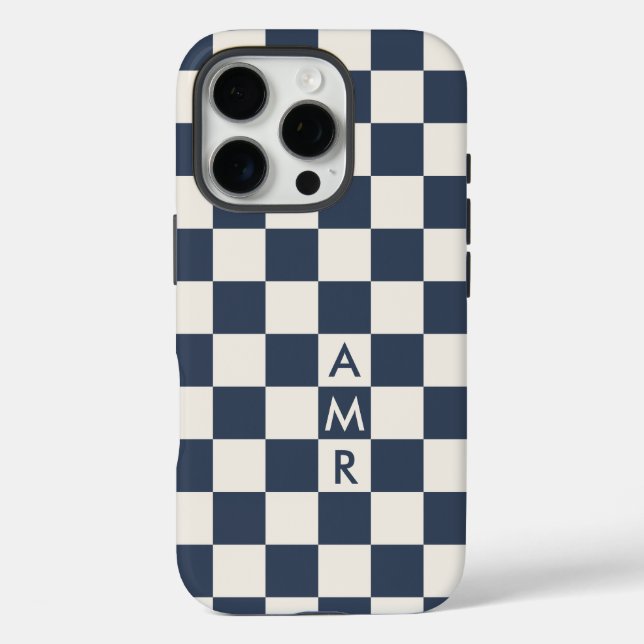 Monogram Navy Blue Cream Checkered Pattern Case-Mate iPhone Case (Back)