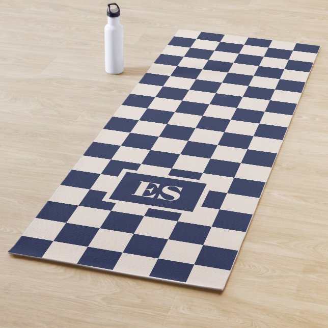 Monogram Navy Blue Cream Checkered Pattern Yoga Mat (In Situ)