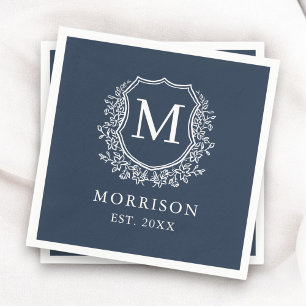 Monogram Navy Blue Crest Botanical Wedding Napkins