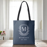 Monogram Navy Blue Crest Botanical Wedding  Tote Bag<br><div class="desc">Add a touch of timeless elegance to your celebration with our Monogram Navy Blue Crest Botanical Wedding Tote Bag. Featuring a rich navy blue background, a classic botanical crest, and your personalized monogram, this tote blends sophisticated style with practical function. Perfect for wedding welcome bags, bridal party gifts, or guest...</div>