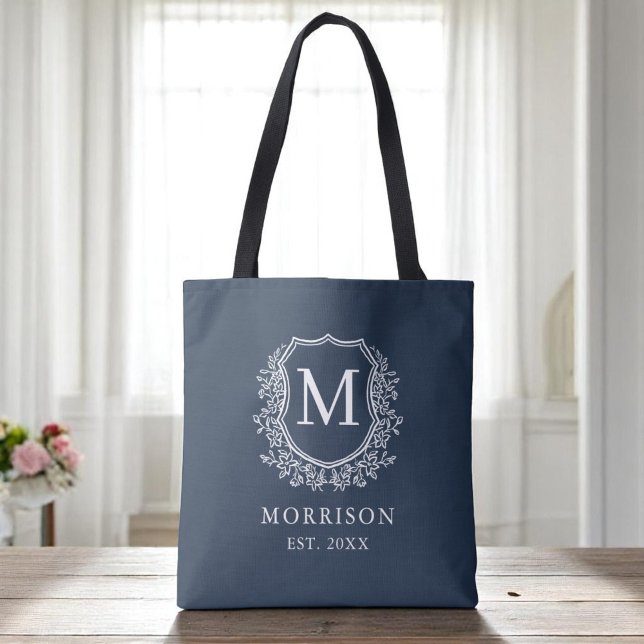 Monogram Navy Blue Crest Botanical Wedding  Tote Bag (Creator Uploaded)