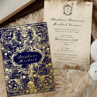 Monogram Navy Blue Crest Scrolled Vintage Wedding