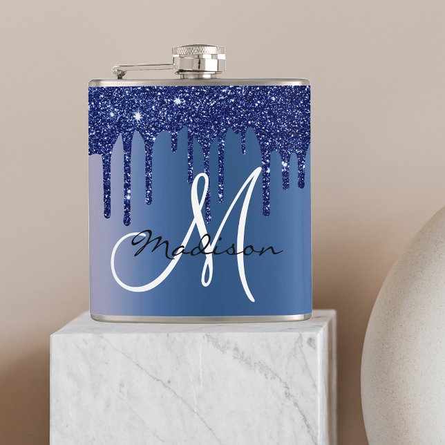 Monogram Navy Blue Dripping Glitter Drips Flask (Creator Uploaded)