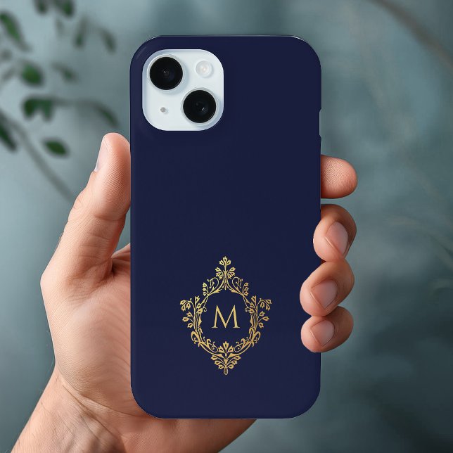 Monogram Navy Blue Elegant Faux Gold Crest Initial Case-Mate iPhone Case (Creator Uploaded)