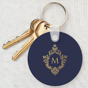 Monogram Navy Blue Elegant Faux Gold Crest Initial Keychain