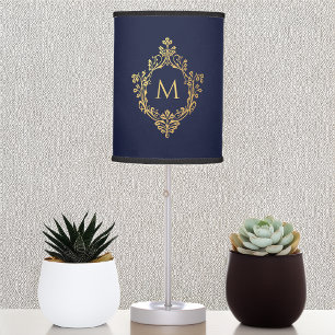 Monogram Navy Blue Faux Gold Crest Elegant Vintage Table Lamp