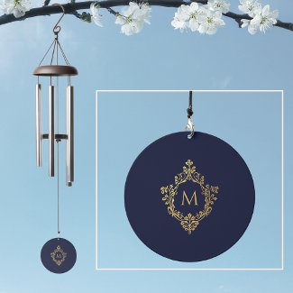 Monogram Navy Blue Faux Gold Crest Elegant Vintage