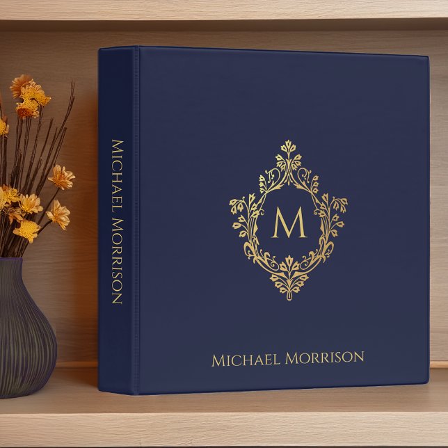 Monogram Navy Blue Faux Gold Crest & Name Elegant 3 Ring Binder (Creator Uploaded)