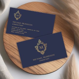 Monogram Navy Blue Faux Gold Crest Vintage Elegant