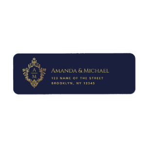 Monogram Navy Blue Faux Gold Crest Vintage Wedding Label