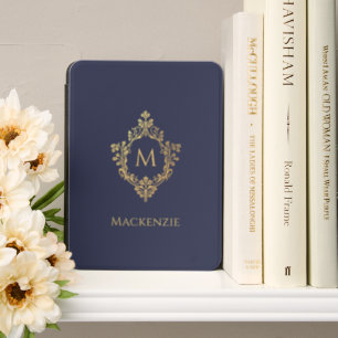 Monogram Navy Blue Faux Gold Elegant Vintage Crest Kindle Cover