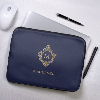 Monogram Navy Blue Faux Gold Vintage Crest Initial